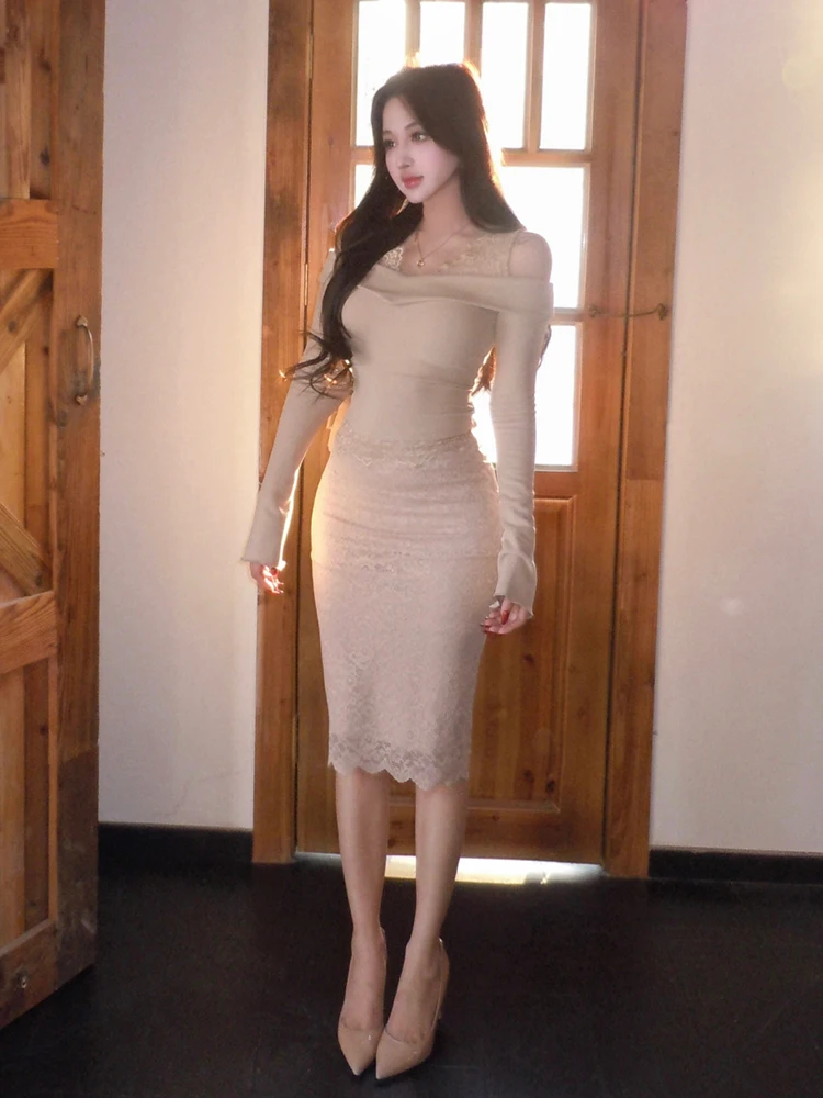 ReddaChic Stitch Lace Top Skirt Women Set Khaki Bell Long Sleeves Knit T-shirt Floral Lace Knee Long Skirt Coquette Sexy Outfits
