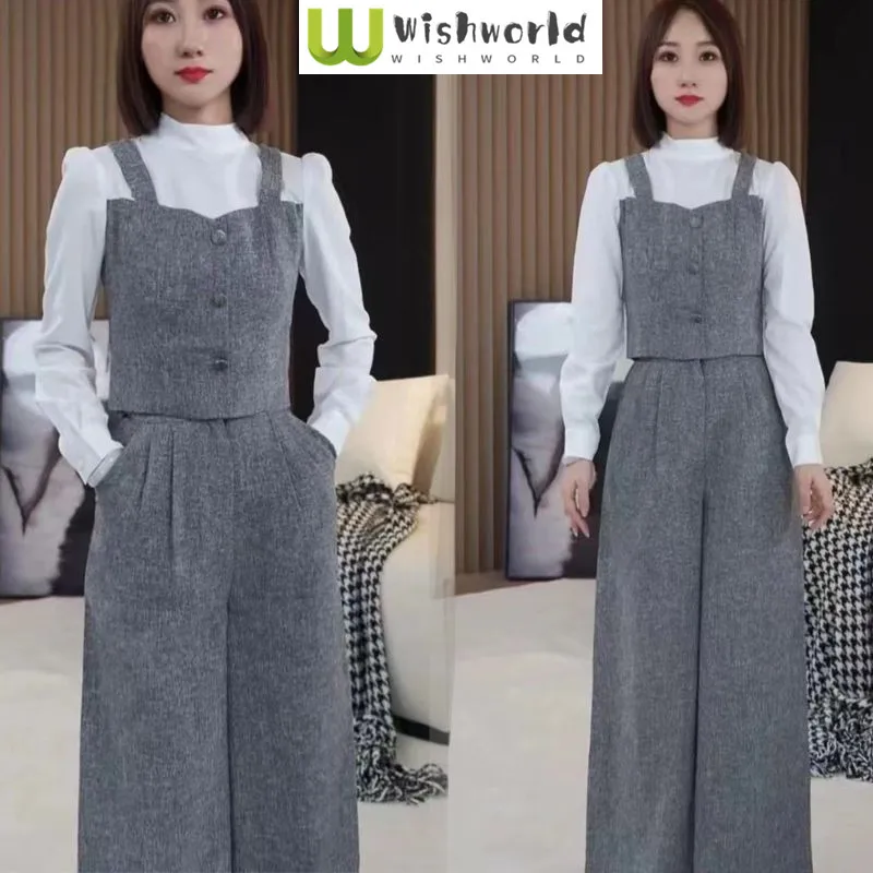 Fashion Suit for Women in Spring and Autumn High-end Gray Casual Top Age Reducing Wide Leg Pants Two-piece Set