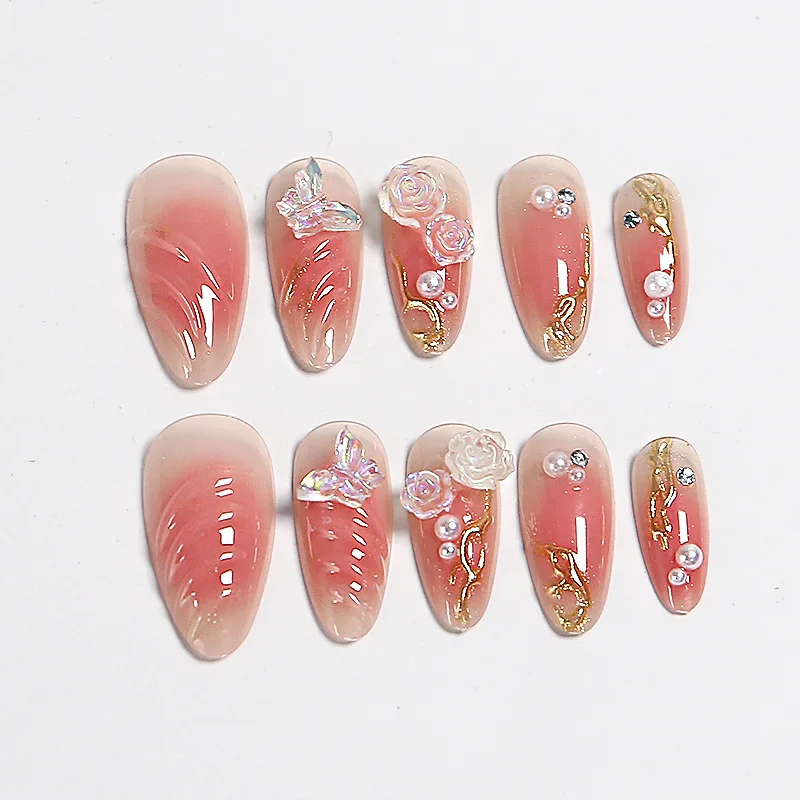 

24PCS French Fake Nails with Glue Rhinestone Pearl Decor Green Sweet Red Flower Press on False Nails for Women Wearable Manicure