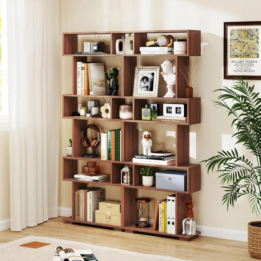

6-Tier Geometric Bookshelf Set of 2, S-Shaped Bookcase with 2 Anti-Tipping Kits, Wooden Display Shelf, Customized