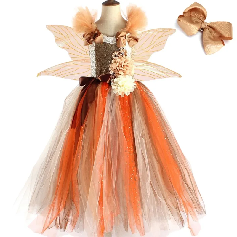 Girls Flower Tulle  Dress,Autumn Thanksgiving & Christmas Party Dress,Princess Fluffy Mesh Dress For Kids Holiday Performance