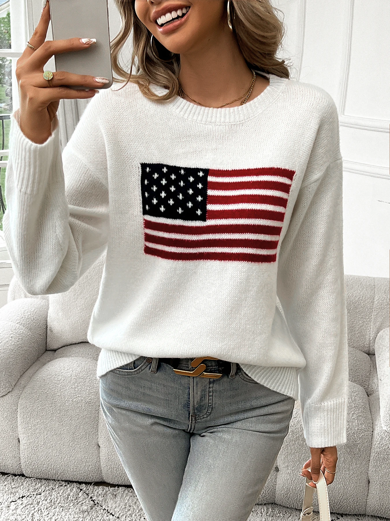 Jersey de manga larga con cuello redondo y bandera americana para mujer