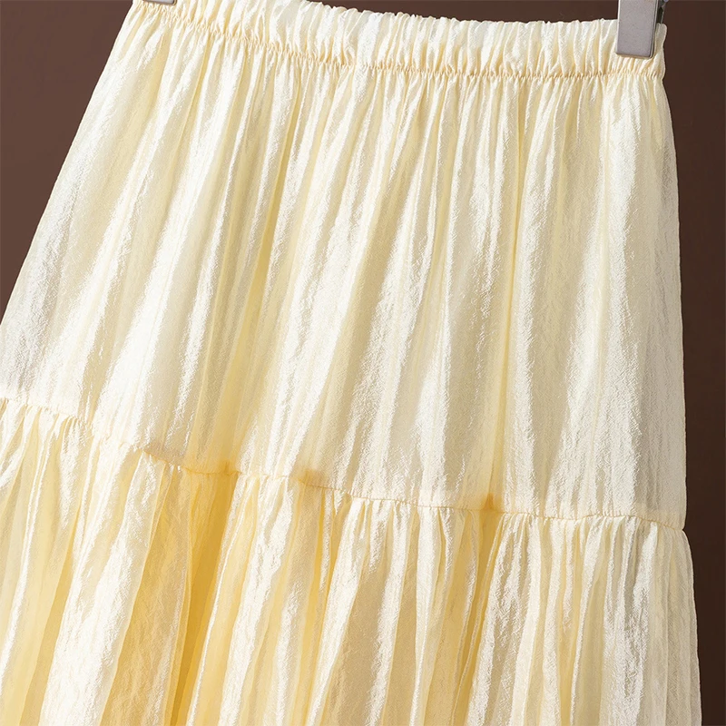93% Mulberry Silk 7% Spandex Lining Women Silk Skirt Solid Colors Long Type Flowy Skirt Big Hemline Summer Beach M1818