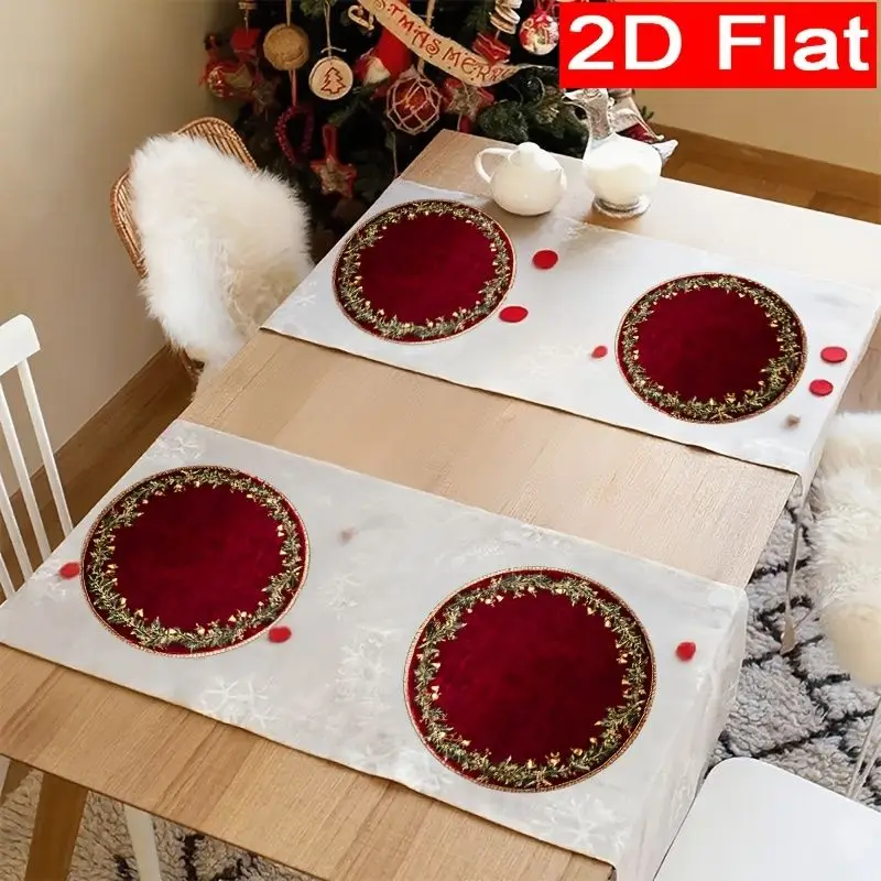 VIKAMA 2/4/6Pcs Round Christmas Placemats Burgundy Gold Holly Border Washable Heat‑Resistant Table Mats Dining Home Decor view 4