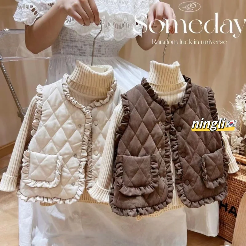 

01-Girls' Autumn and Winter Clothes Baby Vest Outerwear New Autumn Children Ruffles Vest Quilted to Keep Warm Clothes All-Matchi