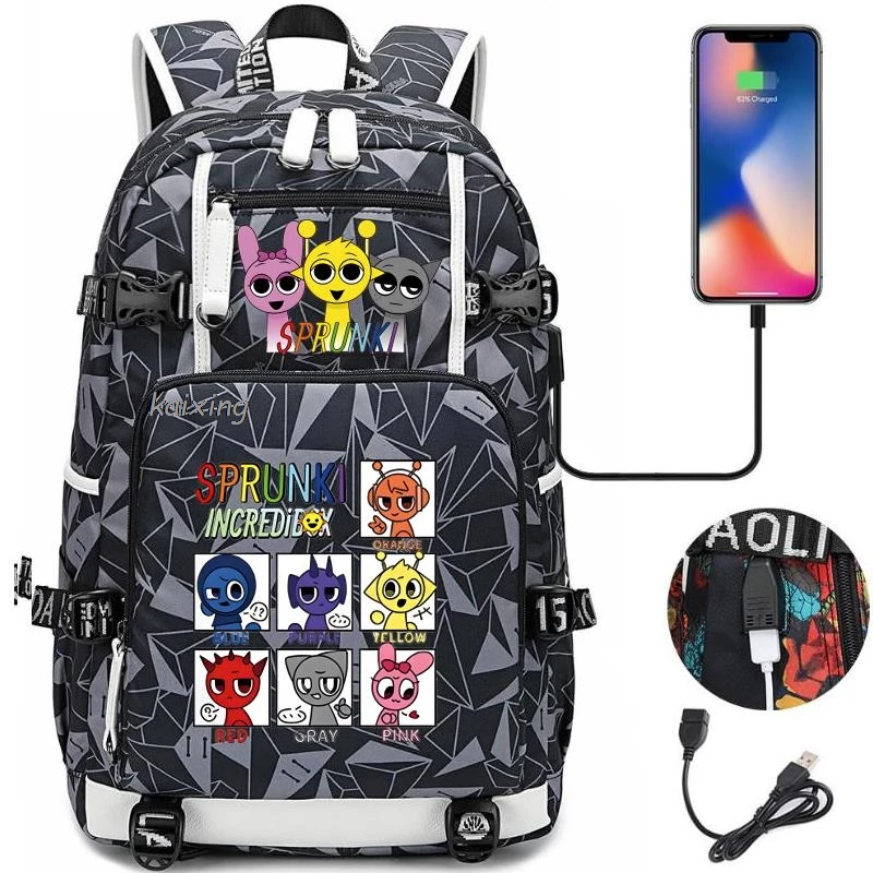 Hot New Sprunki School Bags Teenager USB Charging Laptop Backpack Teens Boys Girls Student Book Bag Mochila Travel Bag Best Gift