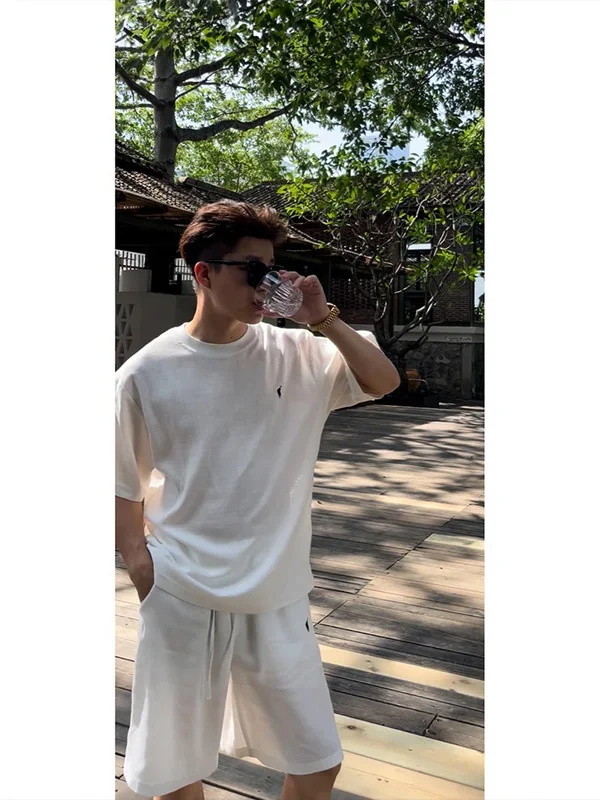 

Ele Embroidered ort Sve T-irt Set Men's Loose Lazy Feel round Ne f Sve Straight Leg ort Pants Two Piece Set