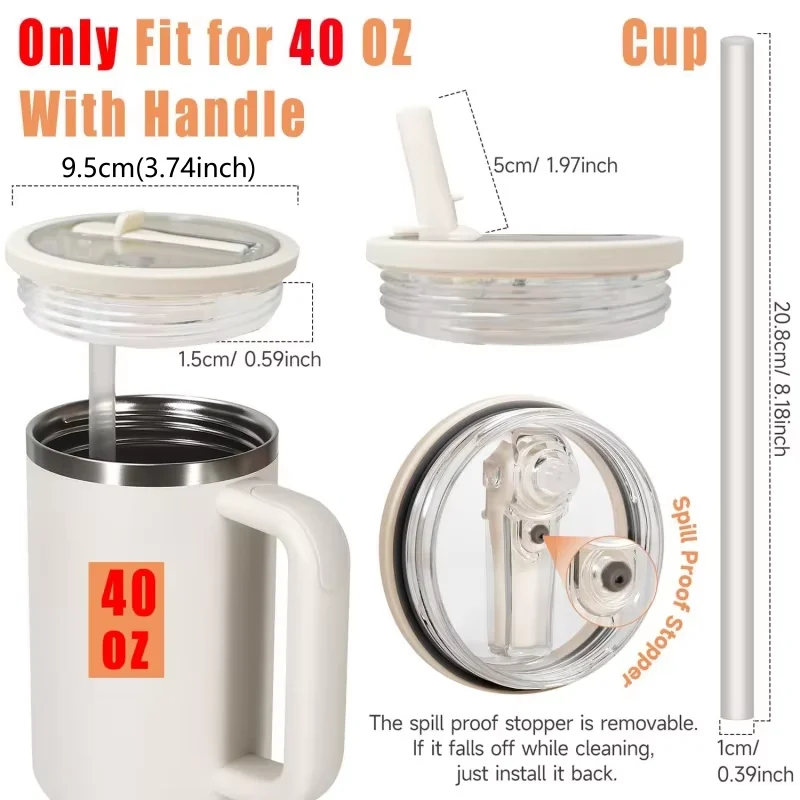 40oz Flip Straw Leak Proof Lid for 2.0 Tumbler Lid Replacement for Stanley Cup Accessories Straw Cover Cleaning Brush with Straw