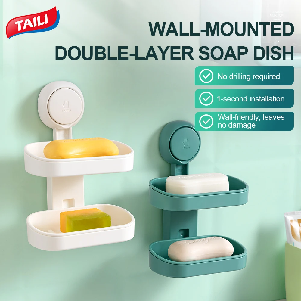 TAILI Double Layer Soap Rack Suction Cup Soap Dish for Shower Wall Mounted Bar Soap Holder Self Draining Soap Saver for Bathroom