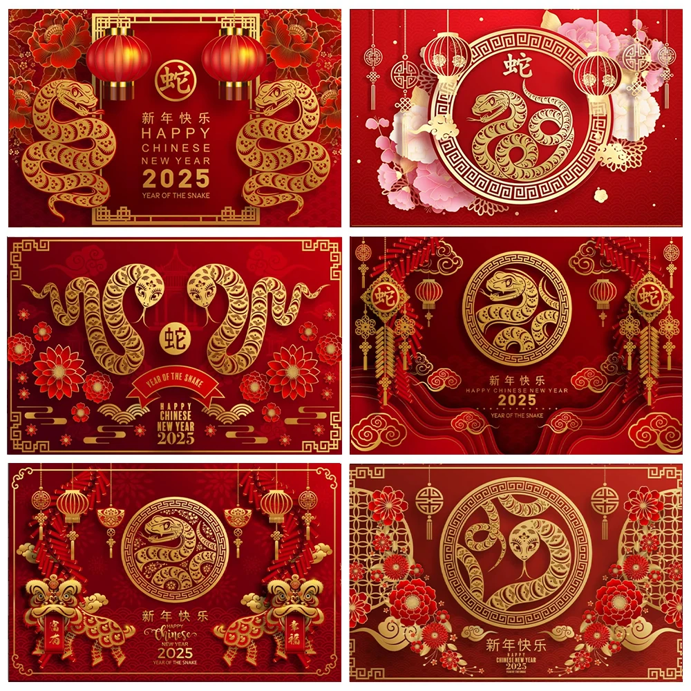 Happy New Year Photography Backdrop Chinese Style Snake Red Lantern 2025 Spring Festival Party Photo Background Photobooth Props