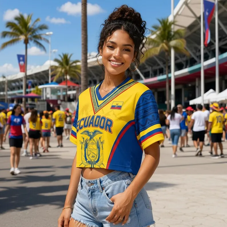 Ecuador Flag Color 3D Printed Short Jersey Style T-shirt, Y2K Spicy Girl Subculture Street Style Contrasting Color Top