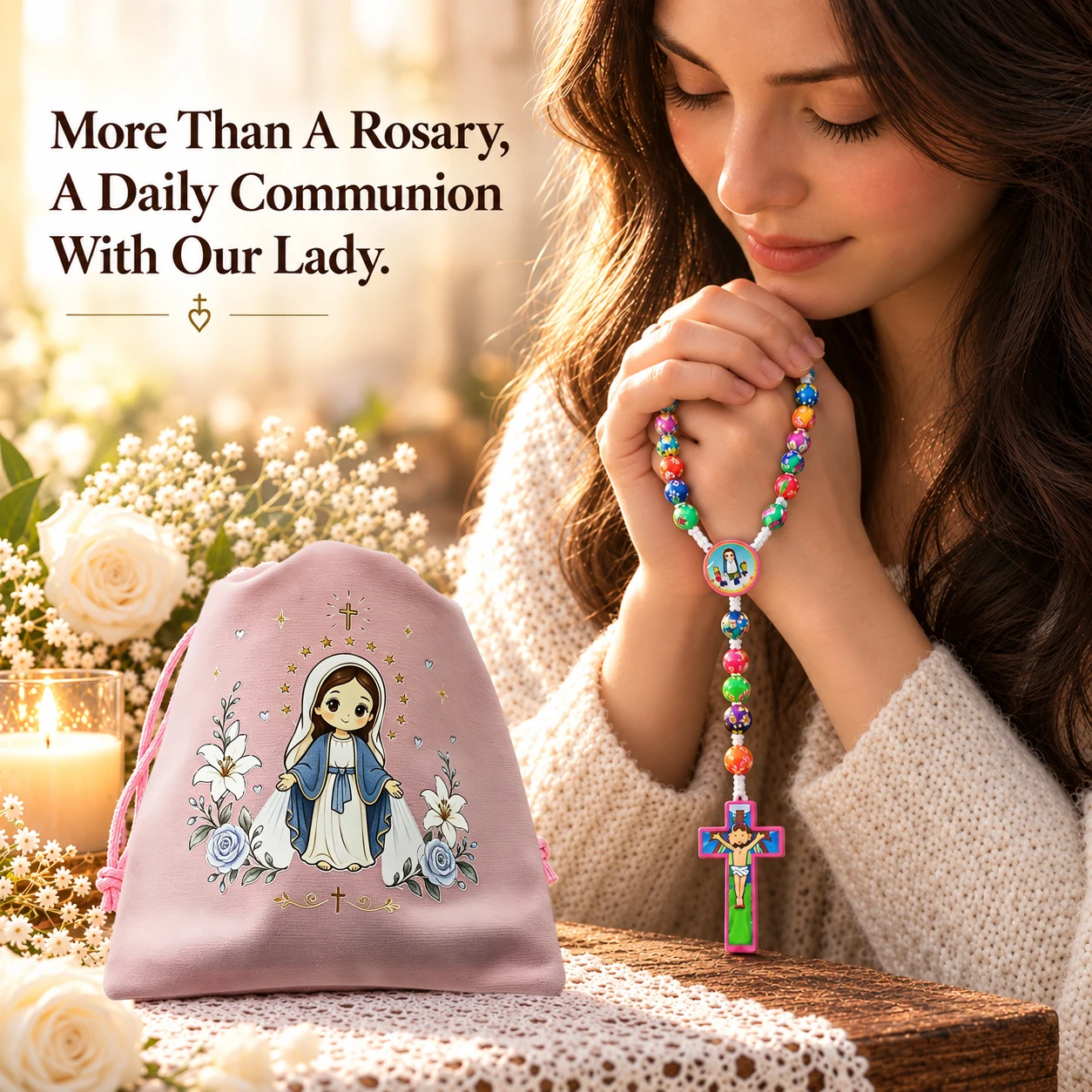 Colorful Catholic Rosary Beads 8mm Polymer Clay Wooden Crucifix Prayer Rosary Necklace with Drawstring Pouch Religious Gift