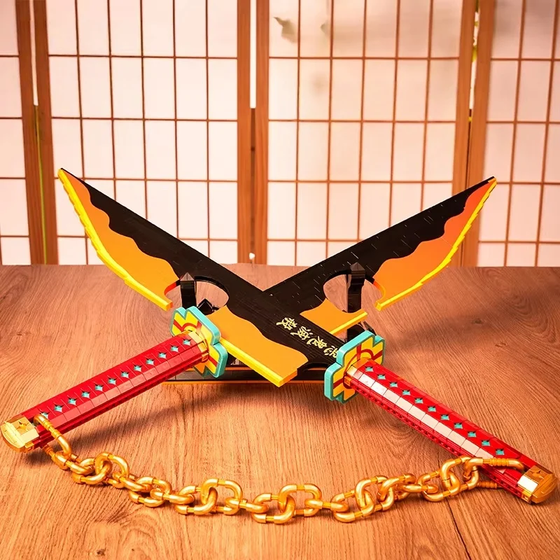 

2026 Double Samurai Sword Building Blocks Model With Display Stand Chain Design Desktop Decoration Collection Ornament