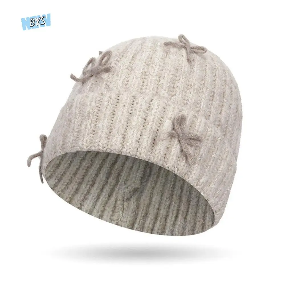 

Sweet Thick Knitted Beanie Hat Bowknot Korean Style Woolen Pullover Hat Solid Color Warm Korean Sweet Bow Hat Autumn