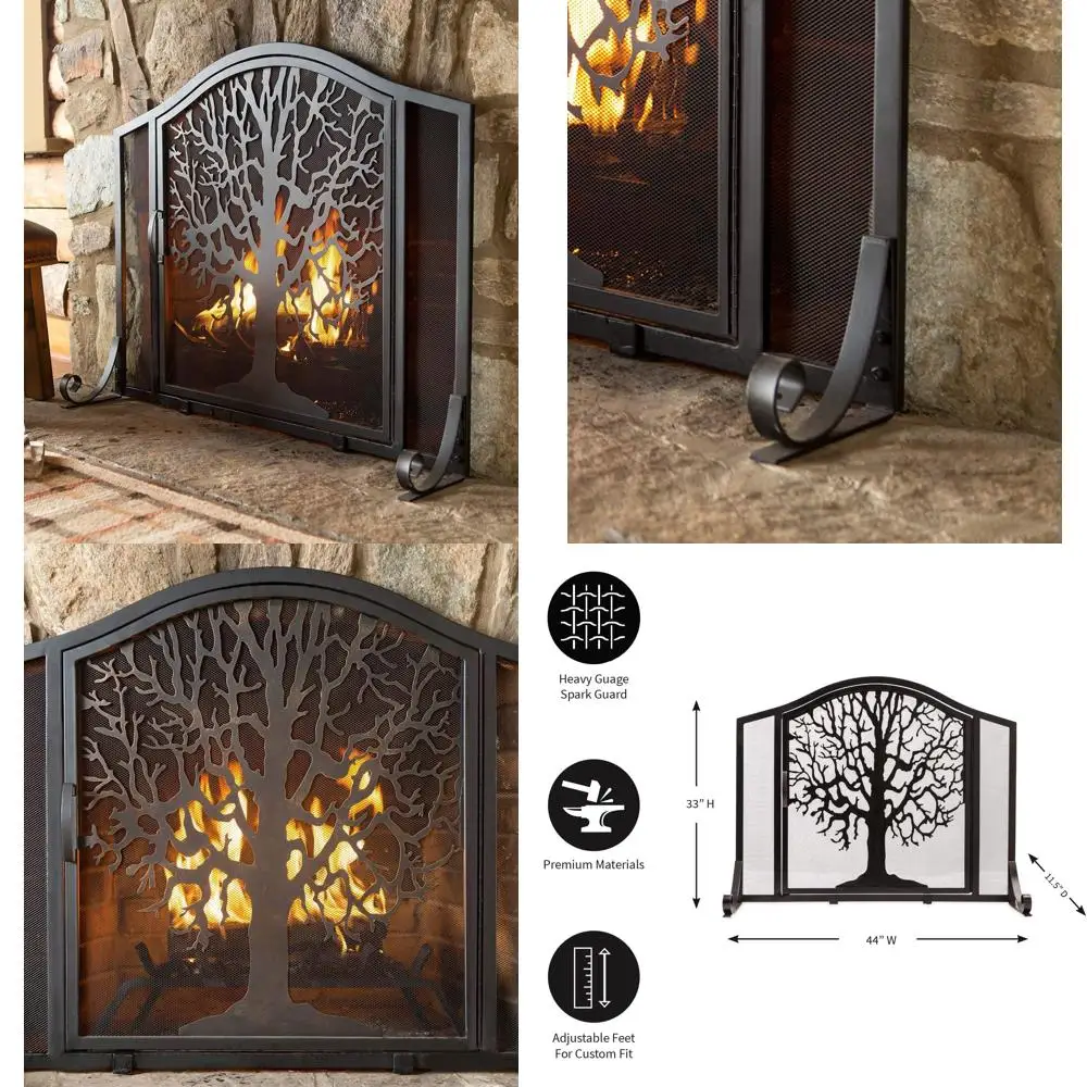 

Elegant Tree of Life Fireplace Screen with Magnetic Door and Spark Guard, 44 Wide x 33 High, Freestanding
