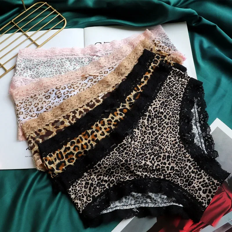 Bragas europeas y americanas sin costuras con estampado de seda para patinaje, bragas con estampado de leopardo de cintura baja, bragas de encaje para mujer