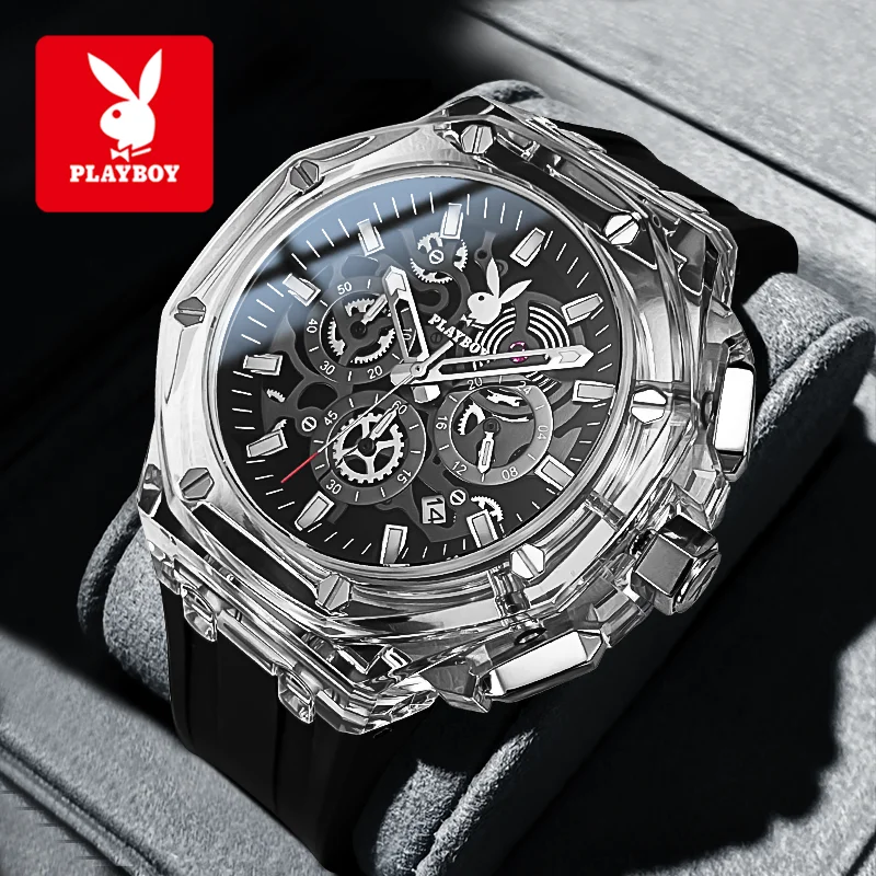 PLAYBOY 3082 Mens Sports Watch Original Skeleton Quartz Watches Silicone Strap Waterproof Luminous Luxury Brand Watch