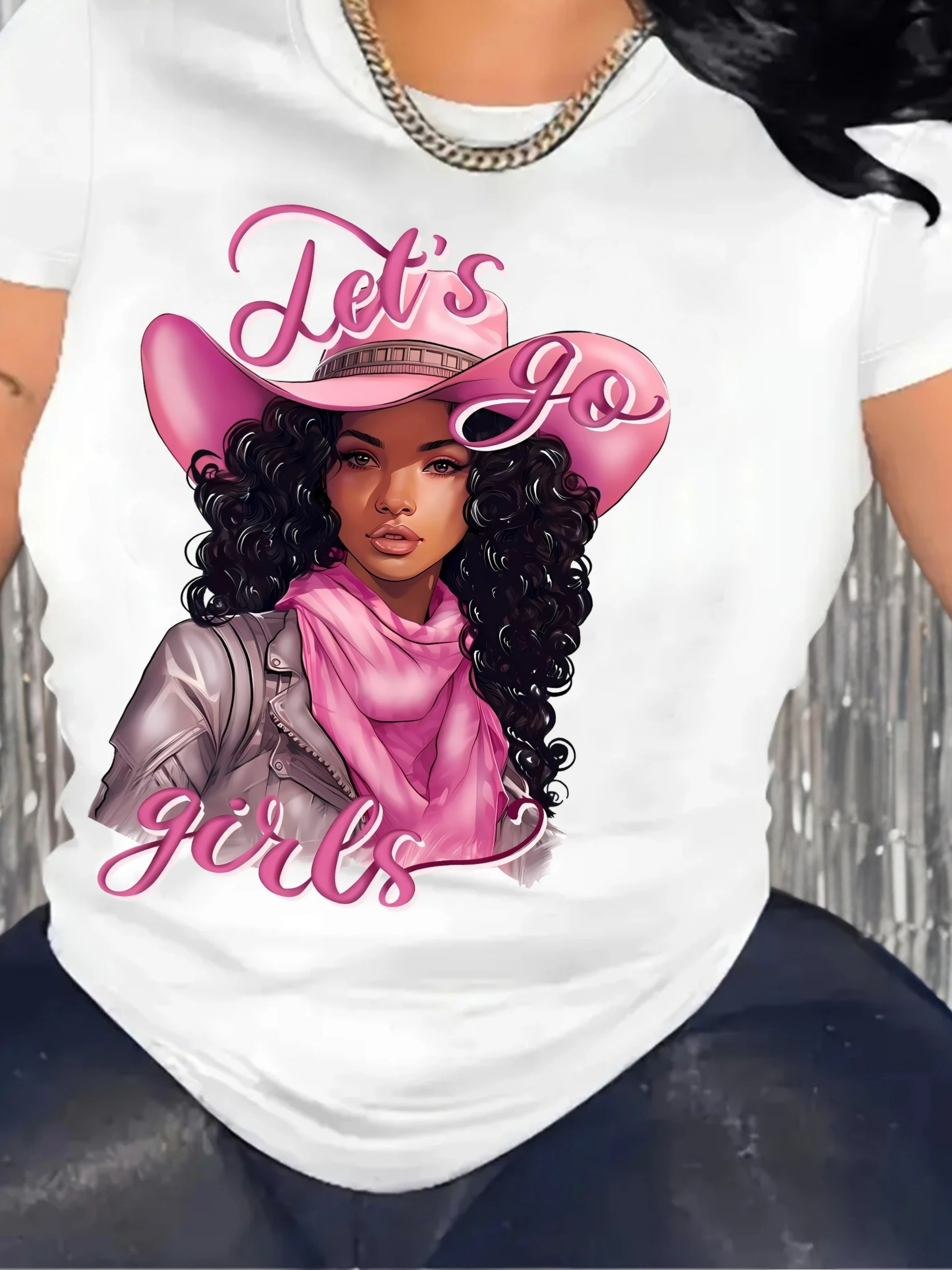 

Women's "Let's Go Girls" Pink Western Hat , Short Sleeve Crew Neck Casual Top with Vibrant Print for Summer