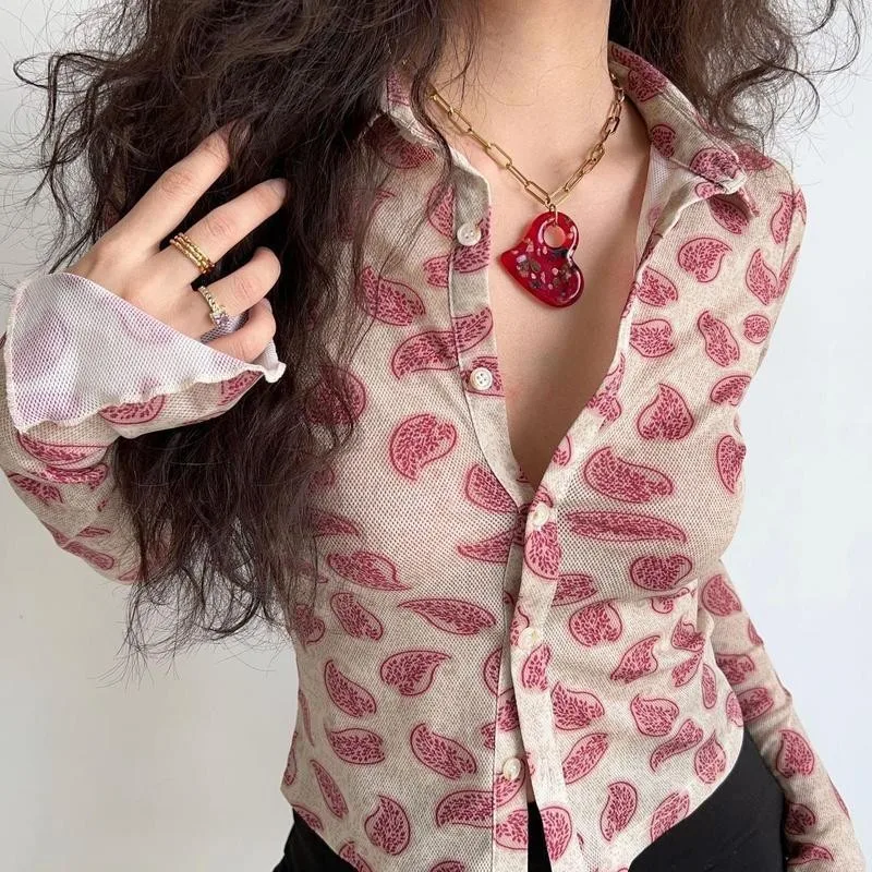 

Fall Women's Clothing Slim Fit Polo Neck Long Sleeve Blouse For Woman Trendy Streetwear Mesh Fabric Cropped Bodycon Top