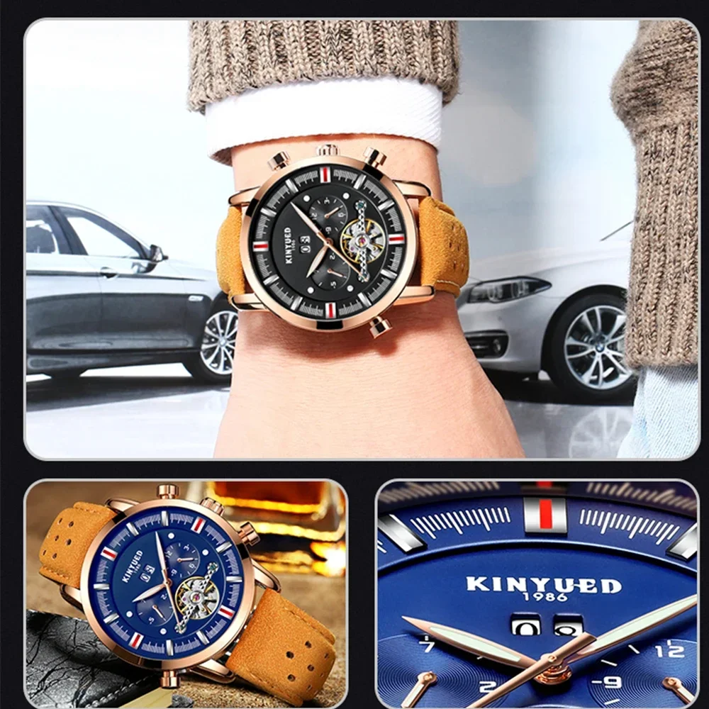 KINYUED Luxury Man Watch Skeleton Tourbillon Mechanical Watch Men Automatic Classic Rose Gold Leather Wrist Watches Reloj Hombre