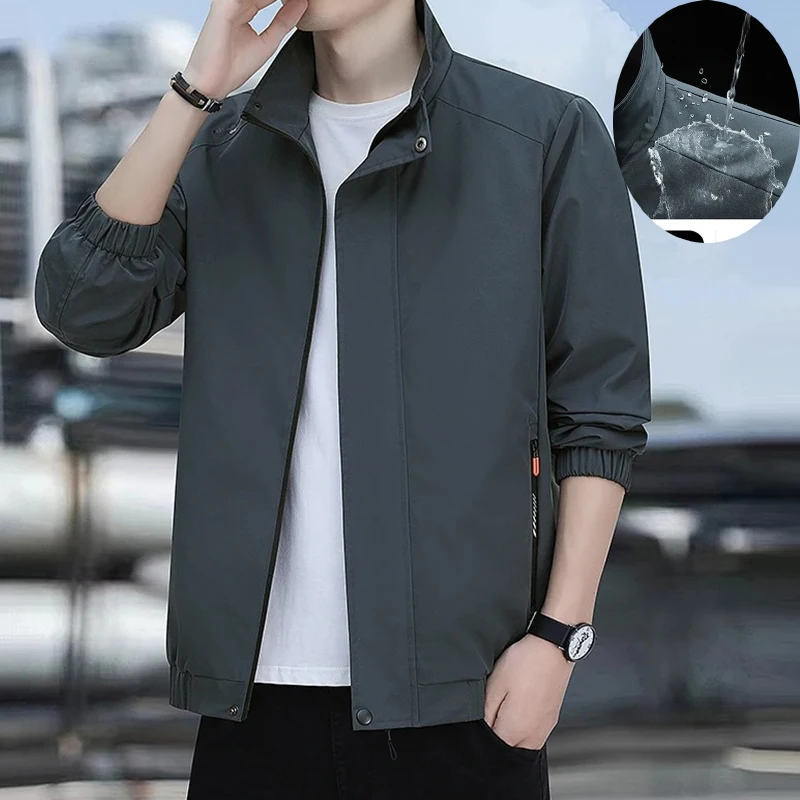 New Men's Large Size Zipper Waterproof Jacket Solid Color Matching Windproof Mountaineering Coat Spring Autumn Fashion Jackets
