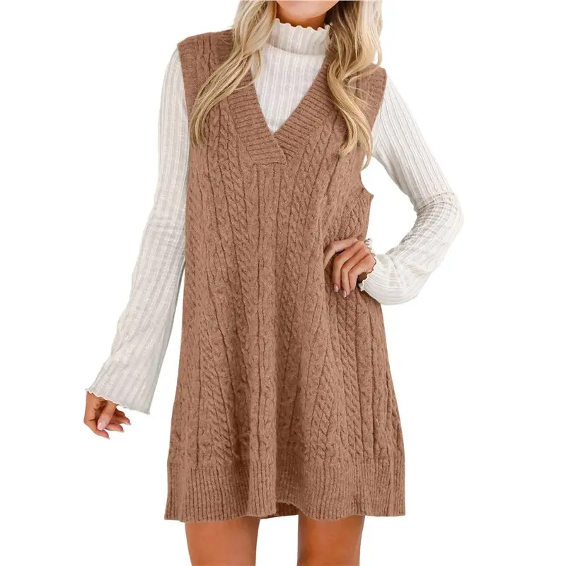 

CYL-Womens Oversized Sweater Vest Dress V Neck Sleeveless Fall Trendy Casual Knit Cable Mini Dresses