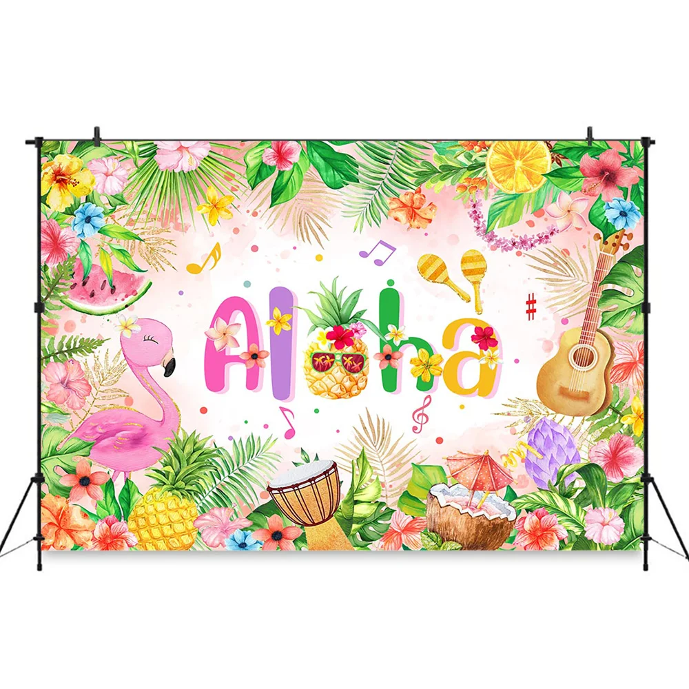 خلفية حفلة عيد ميلاد ألوها هاواي ، فتاة فلامنغو ، خلفية عرض طفل ، غيتار أناناس فواكه ، ديكور زهور استوائية