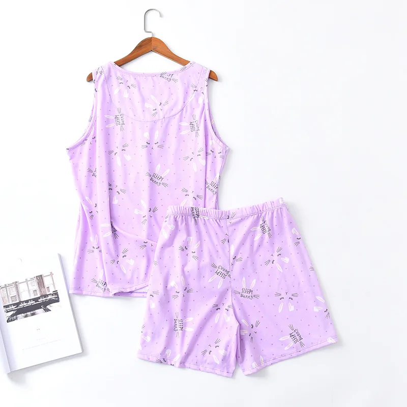 Summer Female Casual Pajama Sets Ladies 100% Cotton Sleepwear Suit Women Sleeveless Vest Shirt & Shorts Plus Size Home Suit