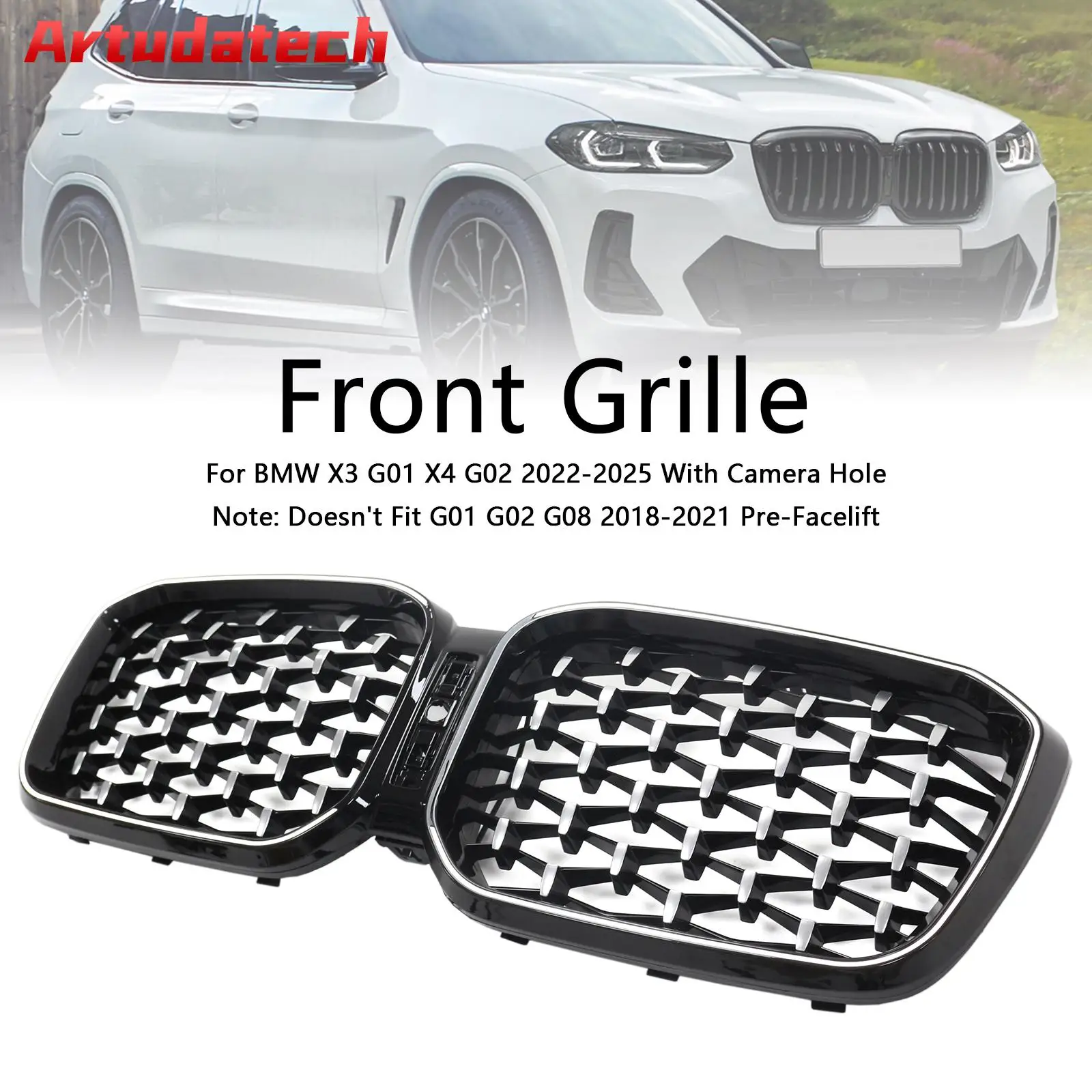 Artudatech Diamond Front Bumper Kidney Grille Fit for BMW X3 G01 X4 G02 2022-2025 2023 2024 Glossy Black