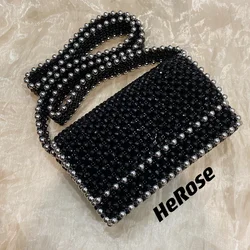 Retro Black Crystal Bags Women's Fashion Personalized Simple Crossbody Bag Hand-woven Beaded ToteBag 2023 Sac De Luxe Femme