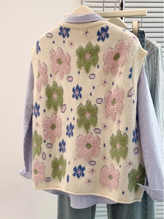 سترة نسائية كورية Sle مستديرة Ne محبوكة مفتوحة سترة نسائية ملابس خارجية تصميم مطرز بالزهور النباتية