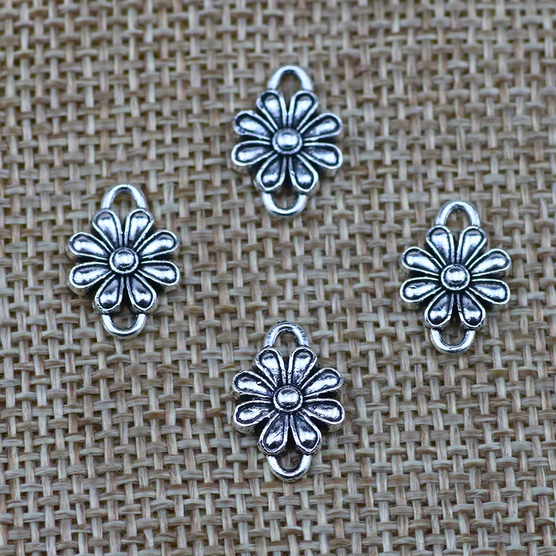 40pcs/lot 10*14mm  Flowers Charm Vintage Charms Flower Connector For DIY Jewelry Making Findings Antique Silver Color