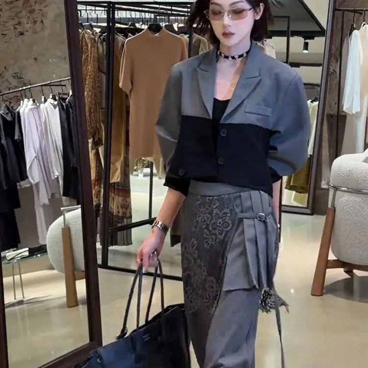 Korean Fashion Color Block Double Sided Short Suit Jacket Women's 2026 Spring Autumn New All Match Slimming Personality Jacket
