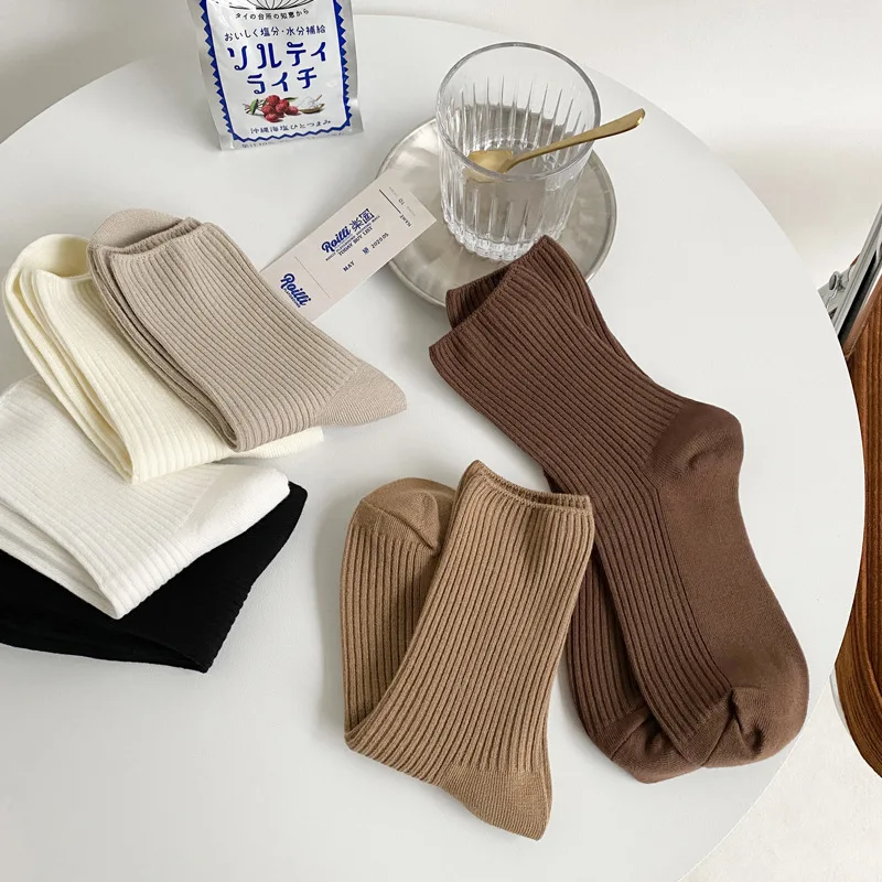 3 Pairs Lot Socks Women New Fashion Cotton Color Khaki Crew Socks For Girl Breathable Casual Korean Women Socks Sets Cotton