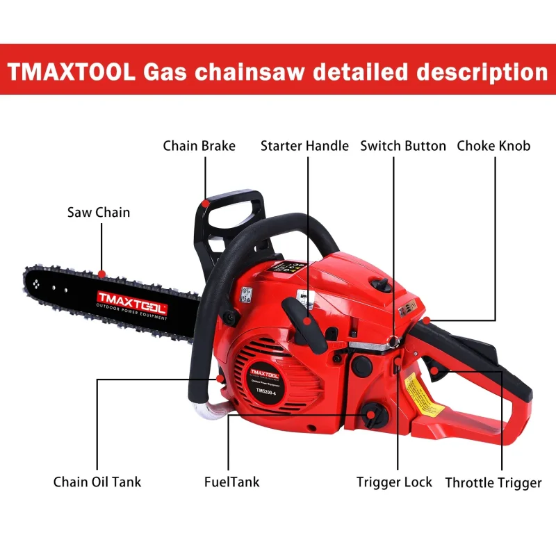 TMAXTOOL Tronçonneuse à gaz puissante de 20 pouces de 62 cc avec 2 temps – Parfaite pour les opérations de l'élagage, des membres et des scierie-Rouge