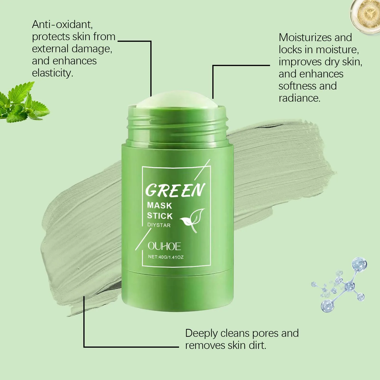 Green Tea Solid Mask Stick Remove Blackhead Shrink Pores Deeply Cleansing Blemish Black Dots Smoothing Moisturizing Facial Mask