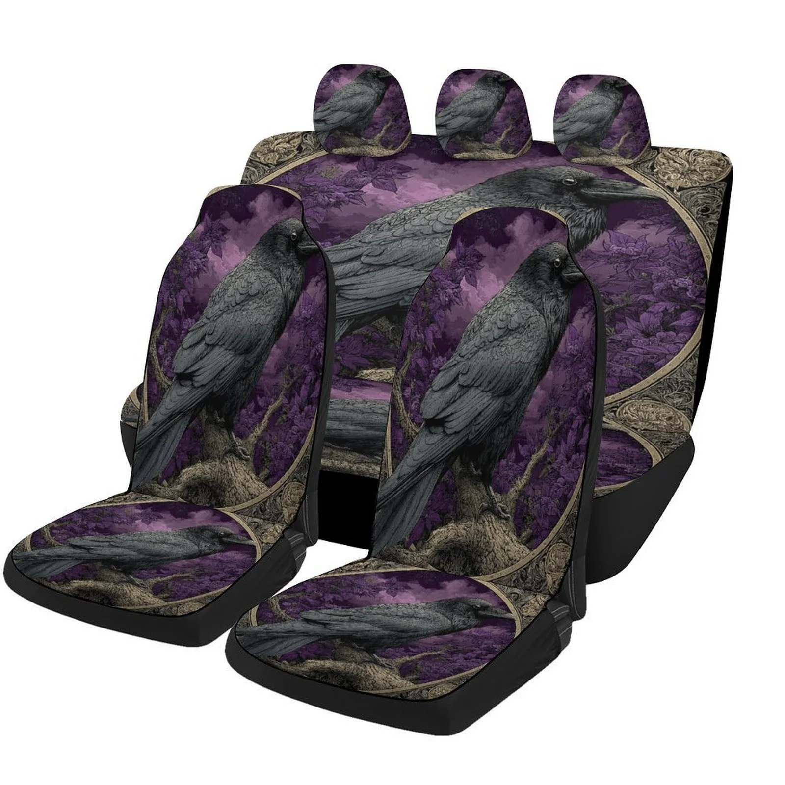 Raven Purple Bloom Designed Car Seat Cover Set For Most Cars, High-quality Comfortable Car Seat Protector Covers Full Set, Unive
