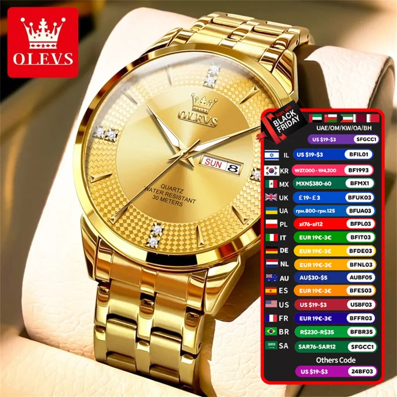 OLEVS Watch for Men Diamond Business Dress Analog Quartz Stainless Steel Waterproof Luminous Date Two Tone Luxury  Wrist Watch