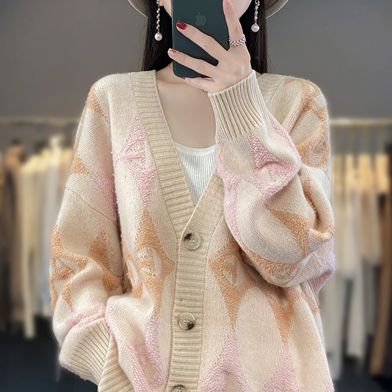 Women's cardigan wool sweater V-neck single breasted pink sweater autumn loose long sleeved knitted warm jacket