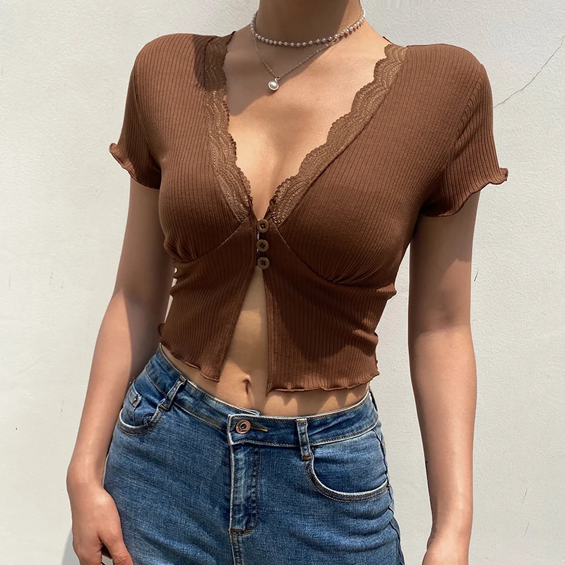 Brown Crop Top Women Short Sleeve Open Front Ribbed Knit Bolero Lace Trim Shirt Blouse Summer Fairycore Outfit