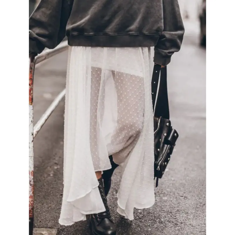 

Combhasaki Women Swiss Polka Dot Elegant Lace Sheer See-through High Waist Loose Fit A-line Long Skirts Party Club Streetwear