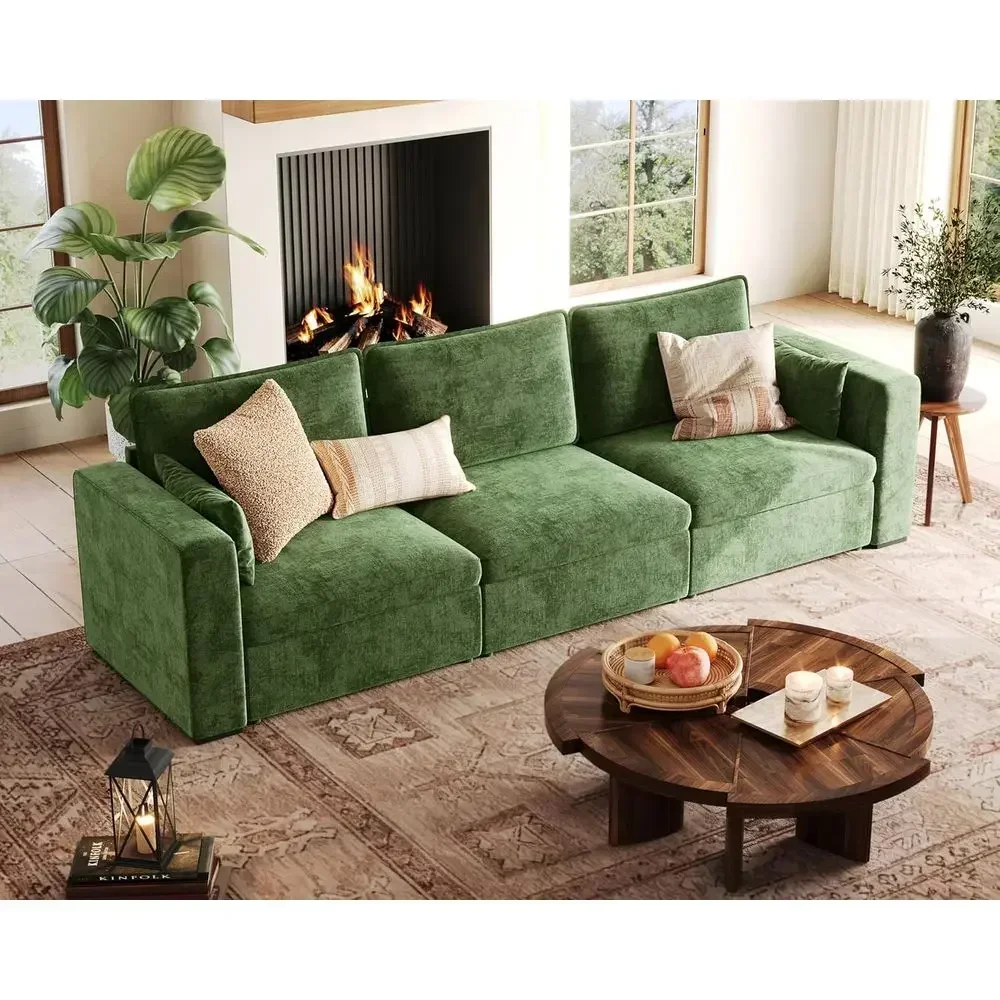 Oversized 3-Seater Chenille Green Sofa with Storage and Washable Covers for Living Room