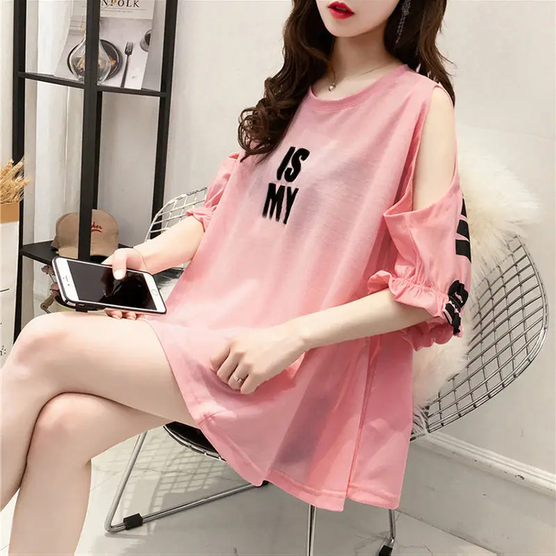 Women Clothing Summer New Off Shoulder Loose T Shirts Short Sleeve Solid Letter Printing Hollow Out Tops Tees Fashion Casual