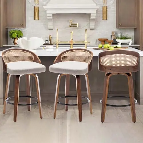 24.8" Swivel Rattan Bar Stools Mid-Century Modern Beige Linen Fabric Upholstered Counter Height Stools,Kitchen Island view 3