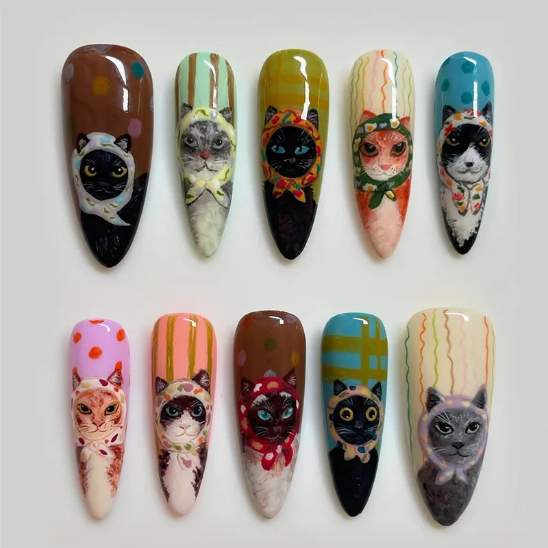 

24pcs Cartoon Cat Fake Nails Long & Pointed Press on Nail Instagram False Nail for Women&Girl Removable Wearable Nail Art