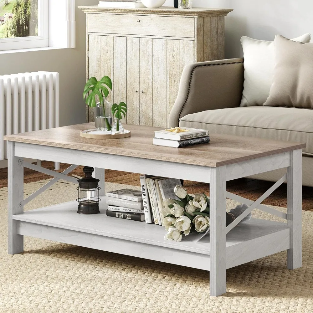 Living Room Coffee Table, Modern Farmhouse Coffee Table with Storage Space, Wooden Living Room Table with Sturdy Frame, Gray