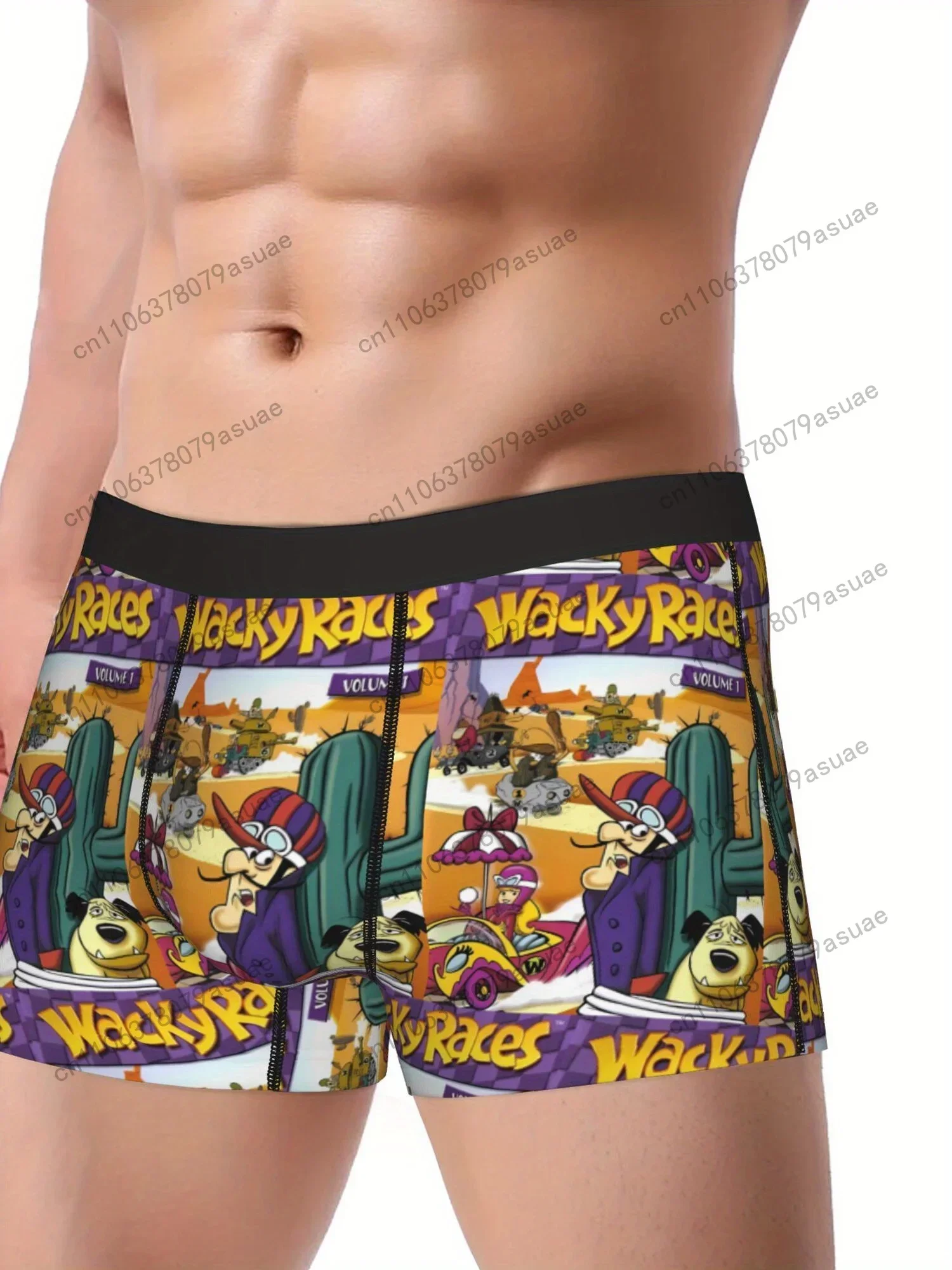 Men'S Wacky Races Cartoon Print Boxer Briefs Stretchy Comfort Fit with Vibrant Character Design Black Elastic Waistband BlacK