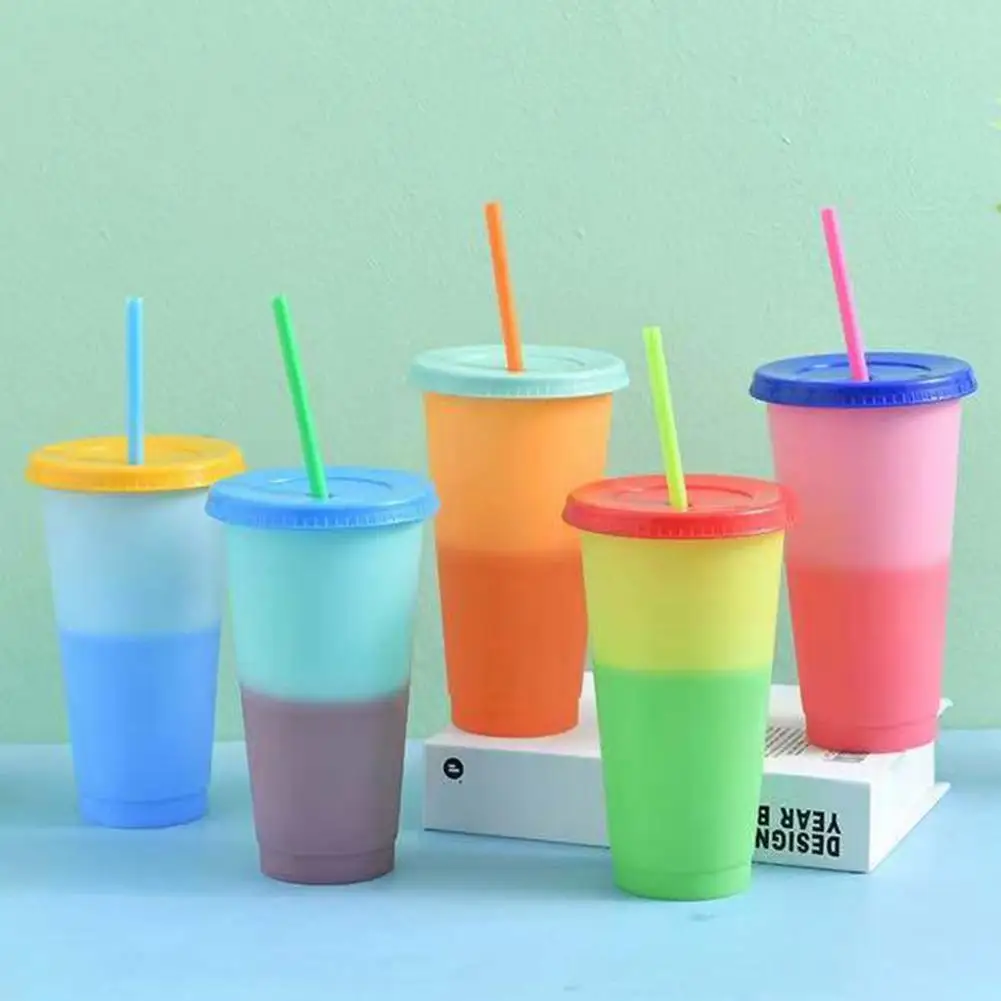 720 ML Straws Water Bottle With Lids Color Changing Beverage Cup Frosted Change Colour On Ice Tumblers Iced Coffee Cup Drinkware