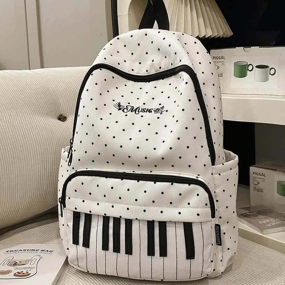 Nylon Polka Dot Print Backpack Preppy Style Cute Large Capacity School Bag Color-blocked Durable Piano Key Backpack College