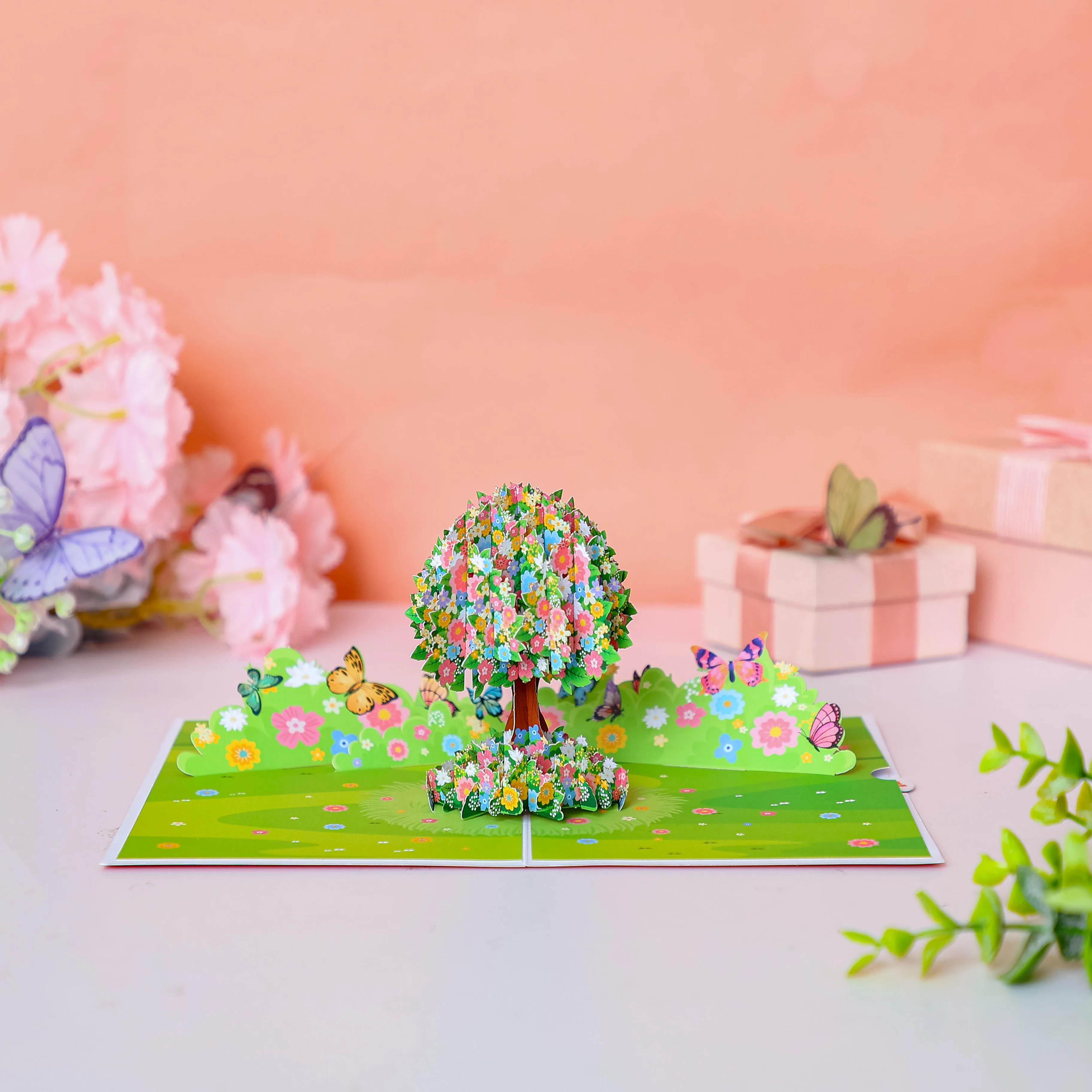 3D-Grußkarte mit Schmetterlingen und Blumen, geeignet für Geburtstage, Jubiläen und andere Anlässe